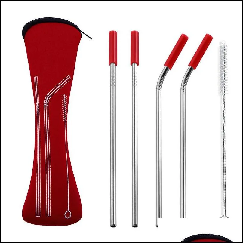 reusable stainless steel straw set straight bent straw cleaning brush 6pcs / set juice straw with travel neoprene storage bag