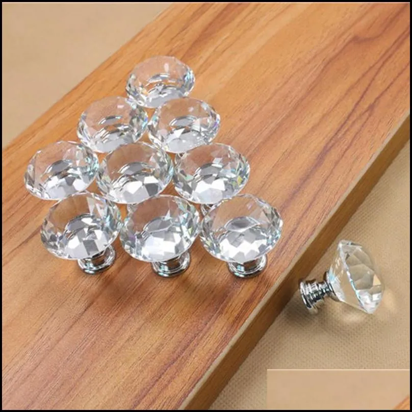 cabinet pull 30mm diamond furniture accessory clear crystal glass door pull drawer handle knob screw for home kitchen drawer