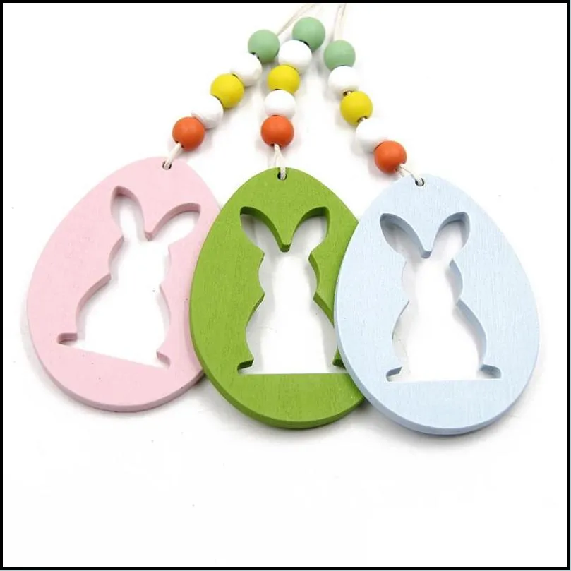 easter wooden hanging pendant diy solid color egg bunny shaped hanging ornament happy easter home decoration 6pcs/bag