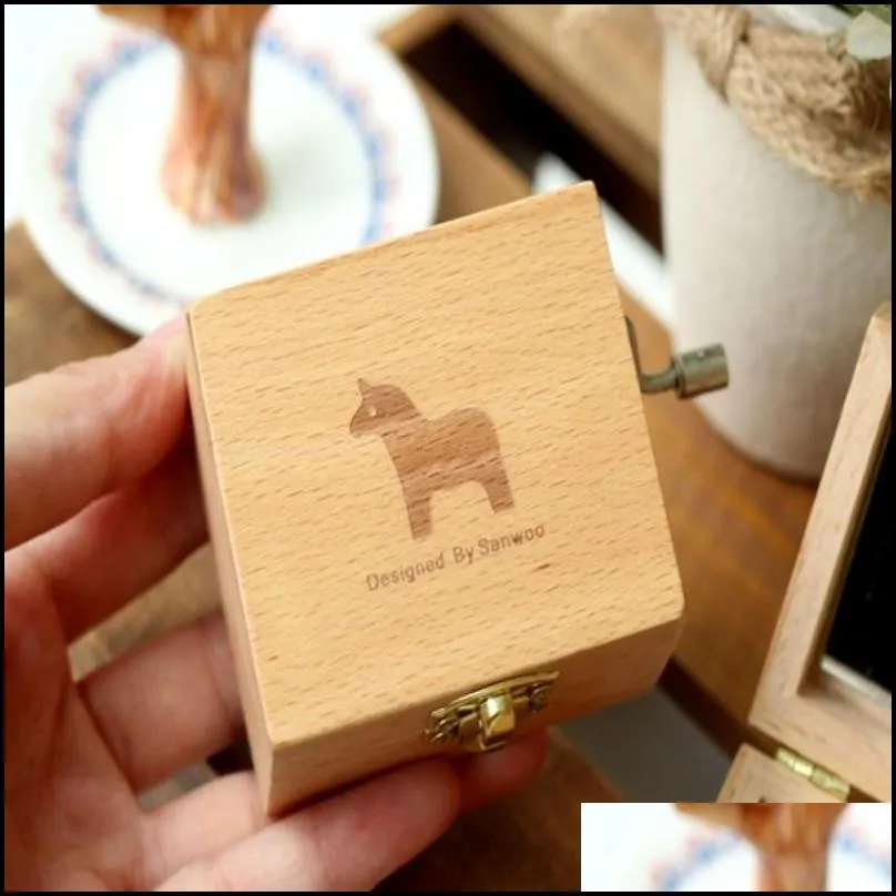 wooden mini music box cartoon animal rabbit elephant puppy bear musical instrument manual music blank case