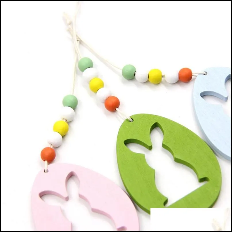 easter wooden hanging pendant diy solid color egg bunny shaped hanging ornament happy easter home decoration 6pcs/bag