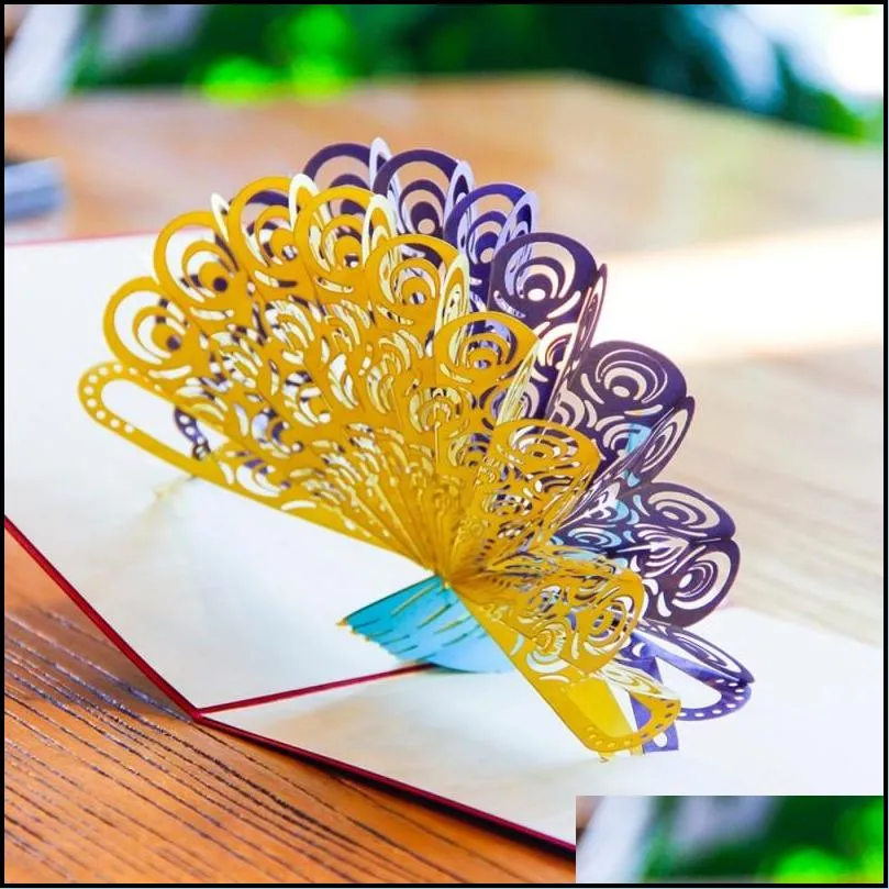 3d peacock  up greeting card laser cutting retro envelopes postcard hollow carved handmade thank you invitation card kirigami