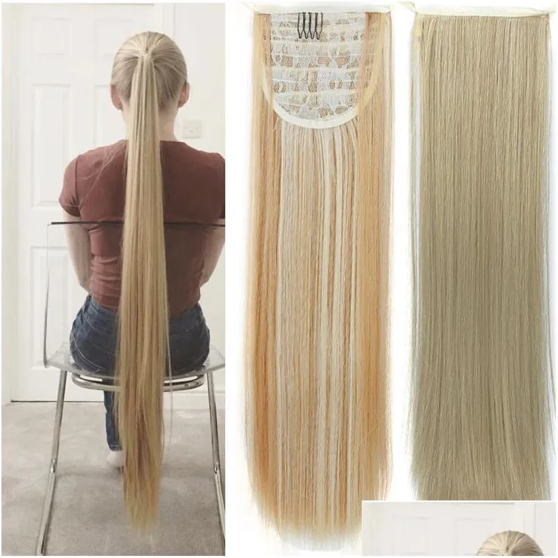 synthetic wigs long silky straight ponytails clip in pony tail heat resistant fake hair wrap round hairpiece 3032 inch