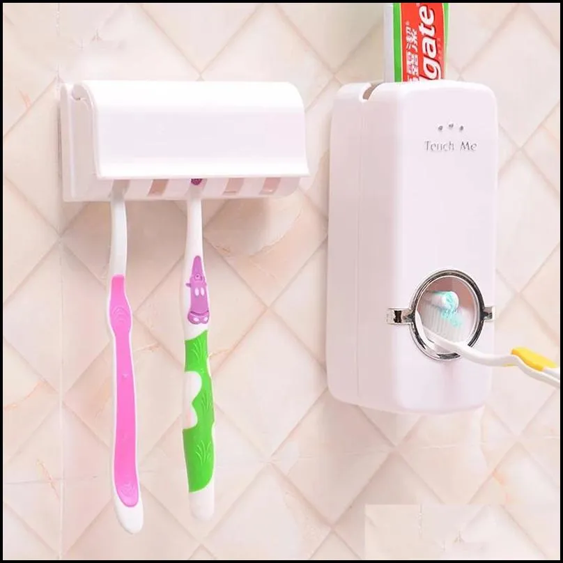 automatic toothpaste dispenser toothbrush holder storage organizer wall mount toothbrush rack family bathroom toothbrush accessory