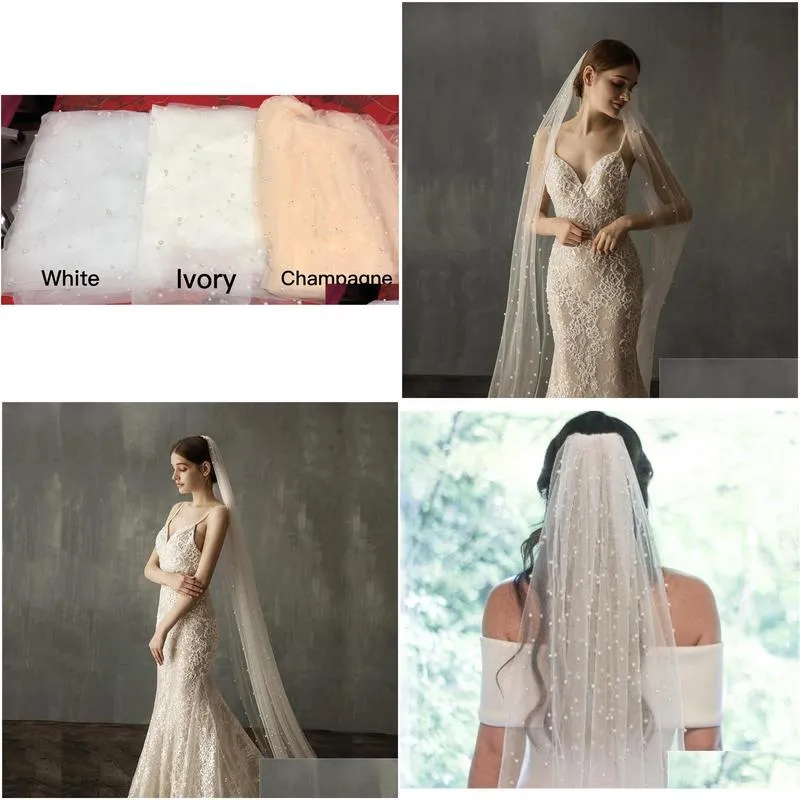 bridal veils long wedding veil with pearls one layer cathedral bride comb beaded for white ivory accessories