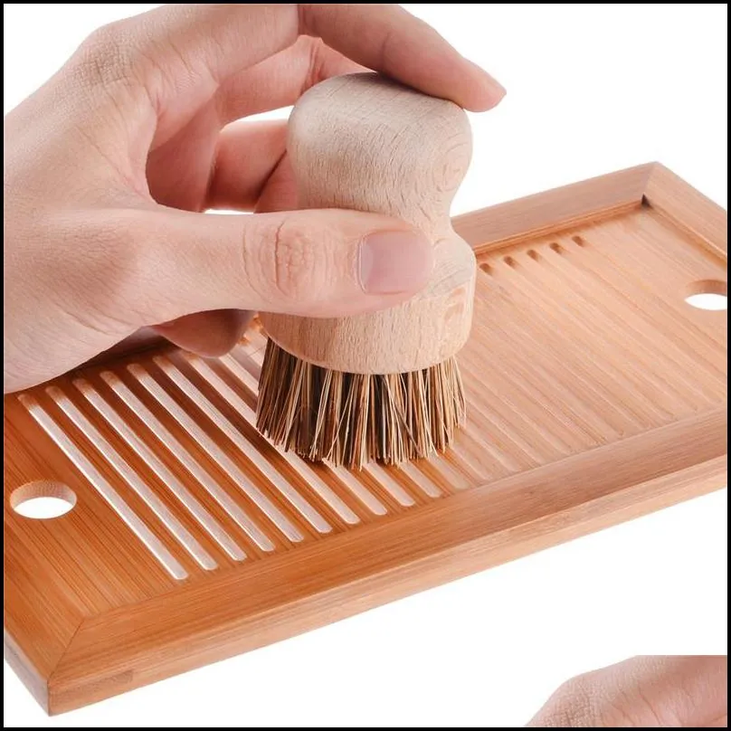 kitchen sisal palm brush round handle bamboo wooden cleaning scrubbers for washing cast iron pan pot