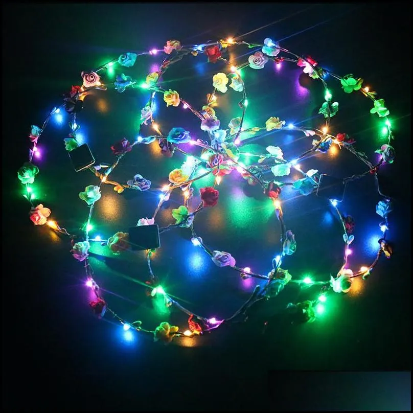 flashing led hairbands strings glow flower crown headbands light party rave floral hair garland luminous decorative wreath