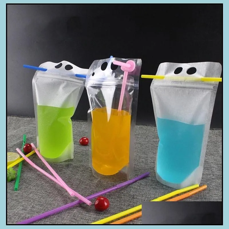 500ml transparent selfsealed plastic drink packaging bag for beverage juice milk coffee with handle and holes for straw