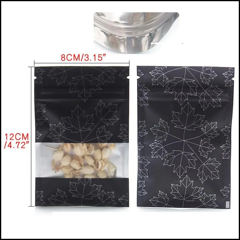 100pcs/lot food bag transparent window maple leaf aluminum foil bag flat bottom metallic mylar black zip bag