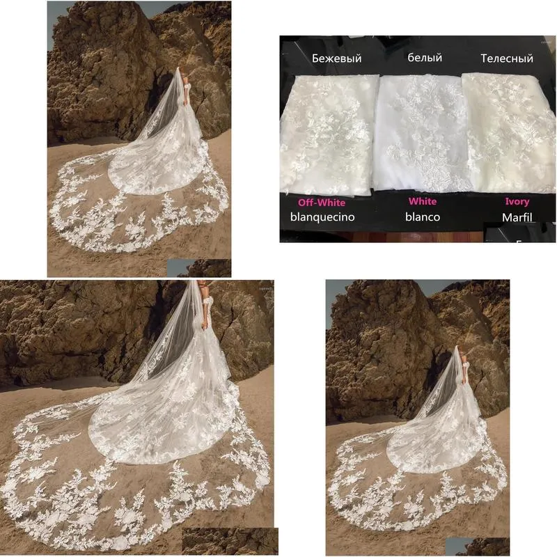 bridal veils wedding veil with comb 1 tier soft tulle scalloped lace floral elegant white ivory champagne custom 300cm