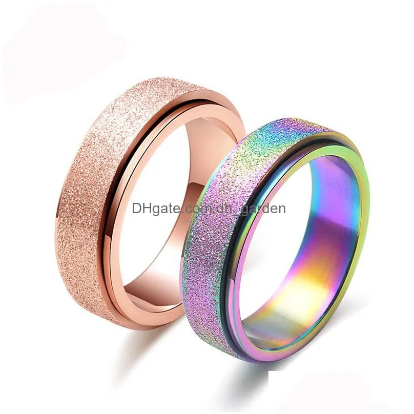 titanium steel 6mm rotating rings for womwn men rose gold rainbow frosted surface lucky runner engagement wedding jewerly gifty