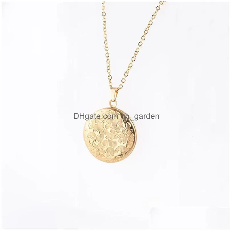 vintage engraved flowers round necklace 3 color stainless steel diy picture frame photo locket pendant necklace for women fashion