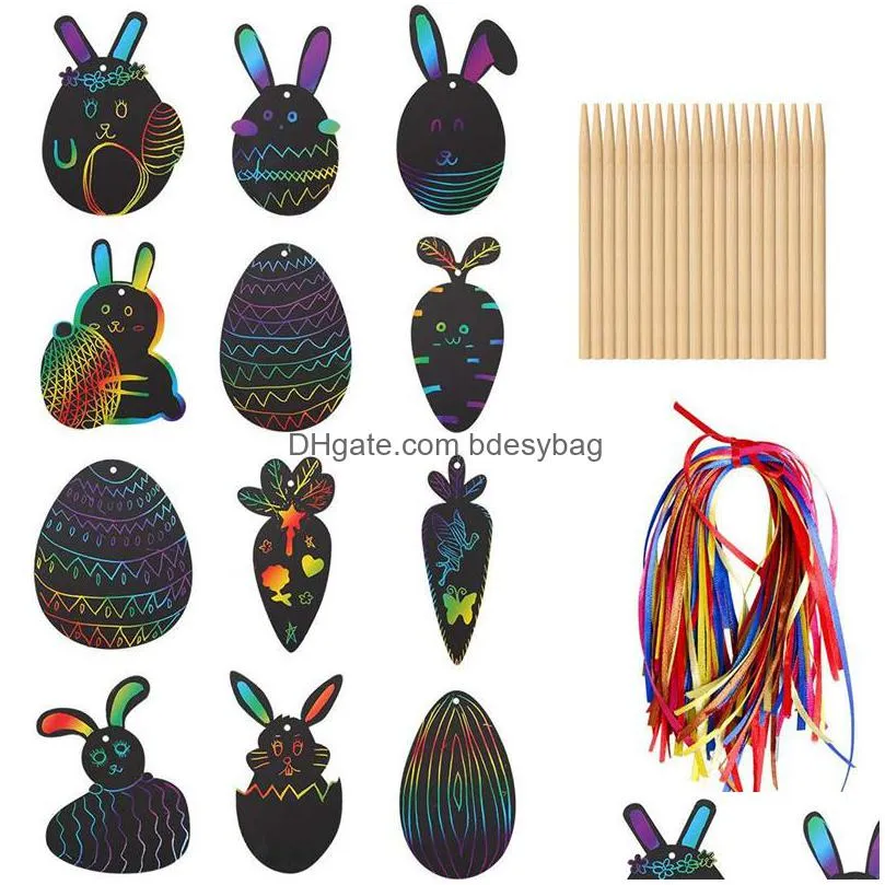 scratch paper art set easter black scratch it off paper crafts notes drawing boards sheet with wooden stylus and hanging rope hha3245