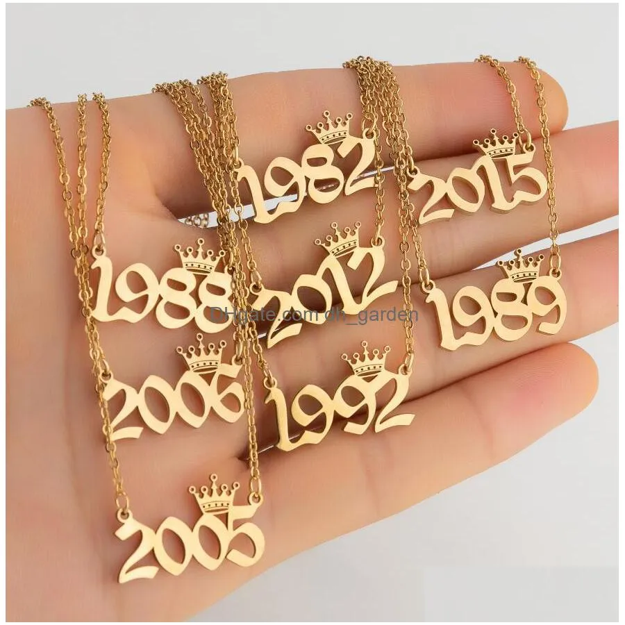 2020 new birth years necklace initial year number crown pendant necklace for women girls birthday gift stainless steel charm necklace