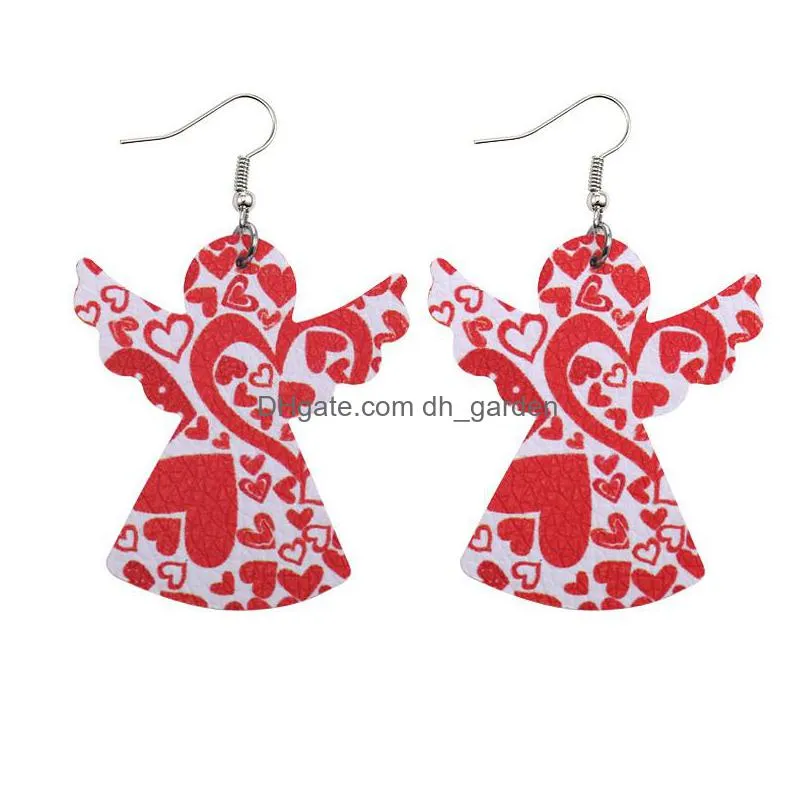 fashion love heart pendant leather earrings red and white cute angle dangle earrings for women valentines day jewelryz