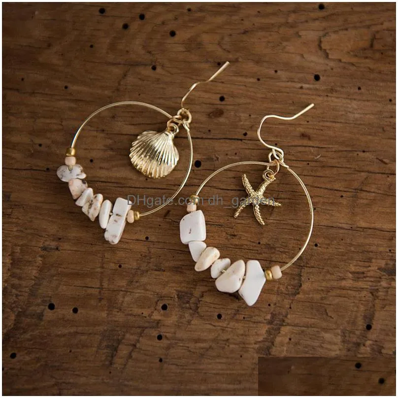 vintage shell starfish earring for women girls boho gold plated geometric round circle with stone beads earrings summer beach