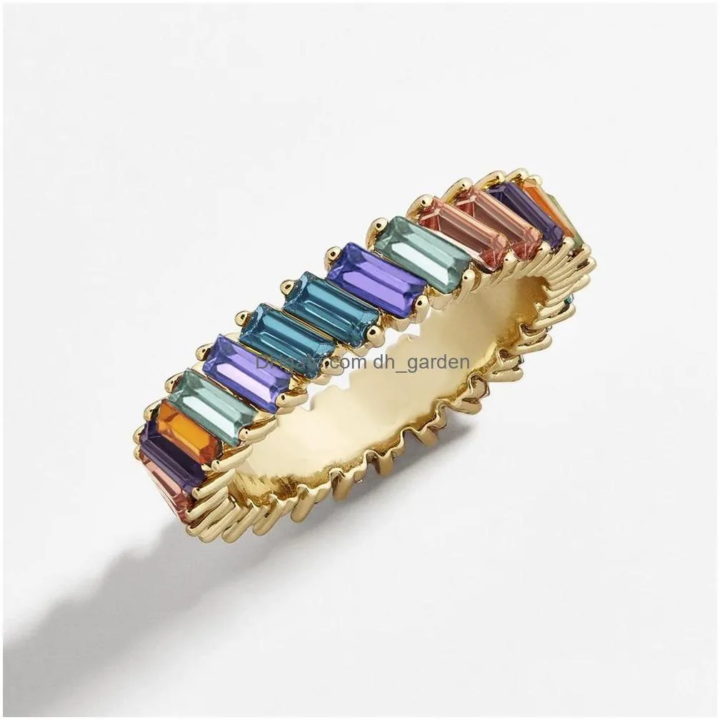 2020 new boho rainbow tilt crystal stacking rings for women girls fashion gold silver color baguette wedding engagement eternity rings