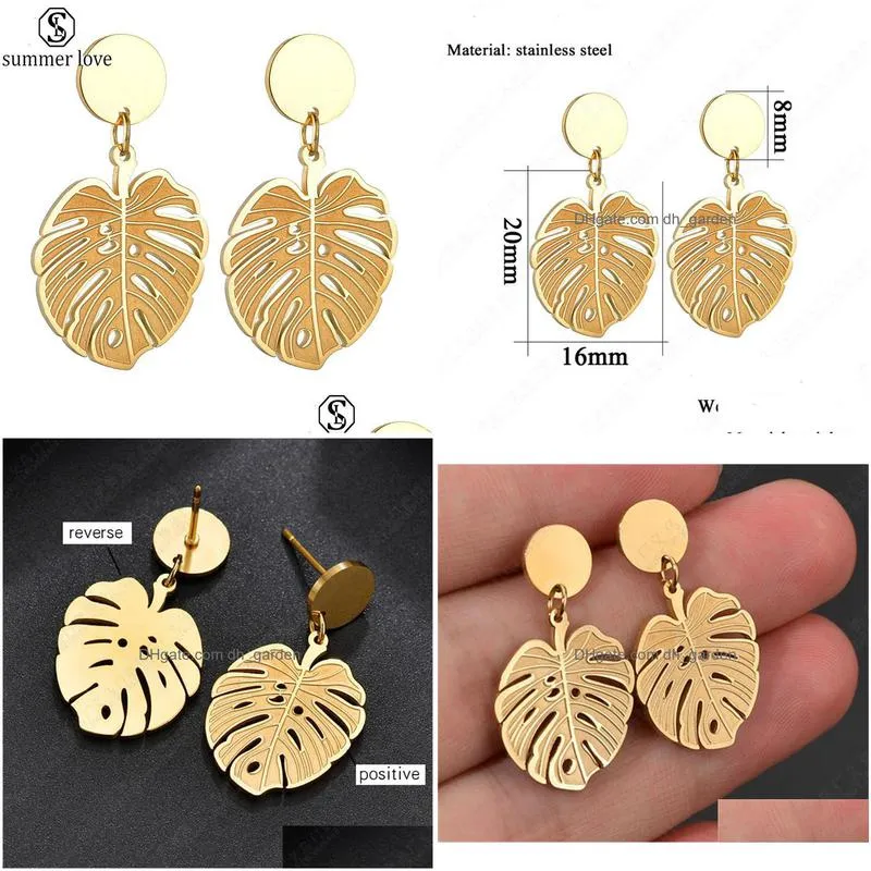 high quality stainless steel leaf drop earrings exaggerated gold color statement earrings for women fashion dangle jewelry 2020z