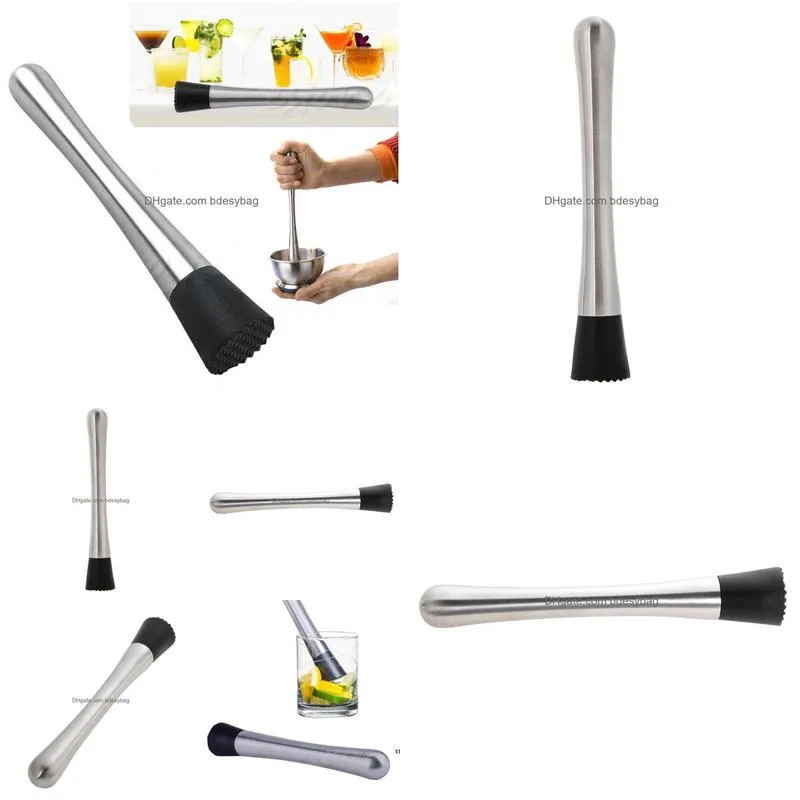 8 inch cocktail muddler stainless steel bar muddler with black grooved ice hammer fruit muddler wine tools rrb16197