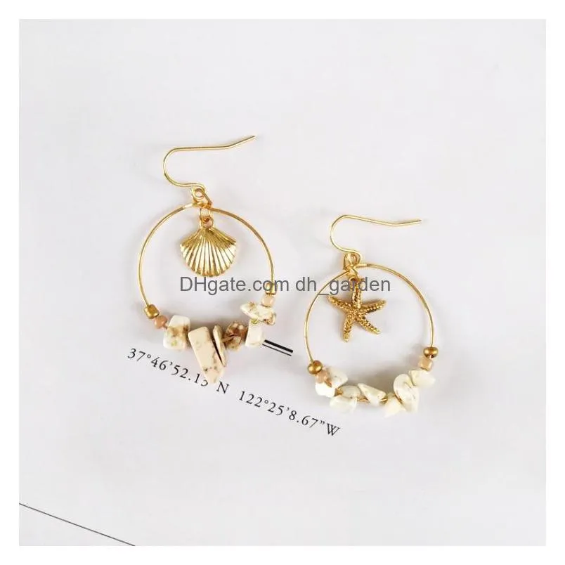 vintage shell starfish earring for women girls boho gold plated geometric round circle with stone beads earrings summer beach