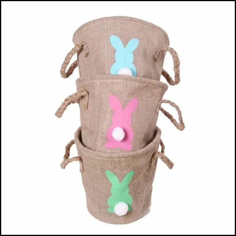 easter linen basket double handle bunny basket kids jute easter bucket pink green blue rabbit easter storage bag