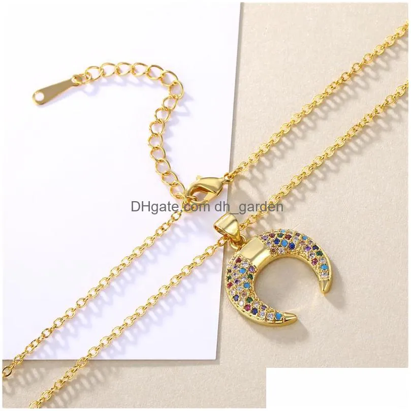 crescent moon necklace vintage colorful cubic zirconia gold necklace for women 18k gold plated ball chain horn pendant jewelryz