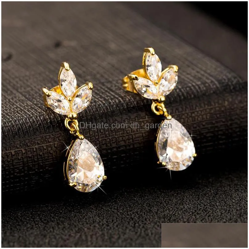 trendy cubic zirconia bridal earring elegant gold teardrop cluster floral leaf cz crystal rhinestone wedding earring for bride