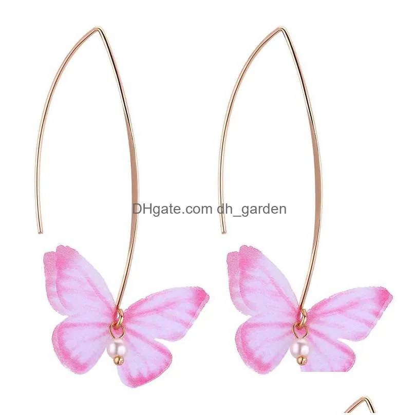 new fashion chiffon butterfly earrings for women girls imitation pearls big hook long dangle earrings tulle wings party jewelry gifty