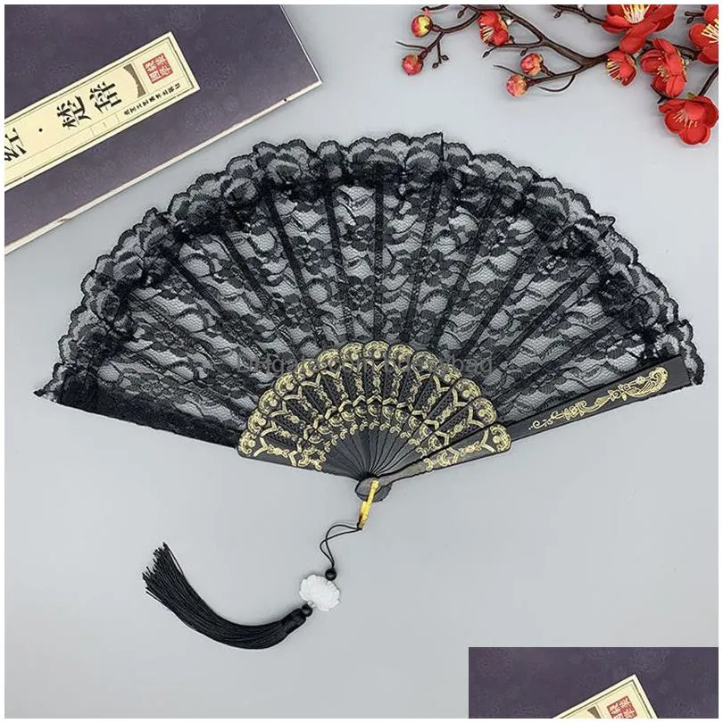 lace rose folding fans tassels sleeve plastic handheld folded fans wedding gifts party favors home decoration rrb16122