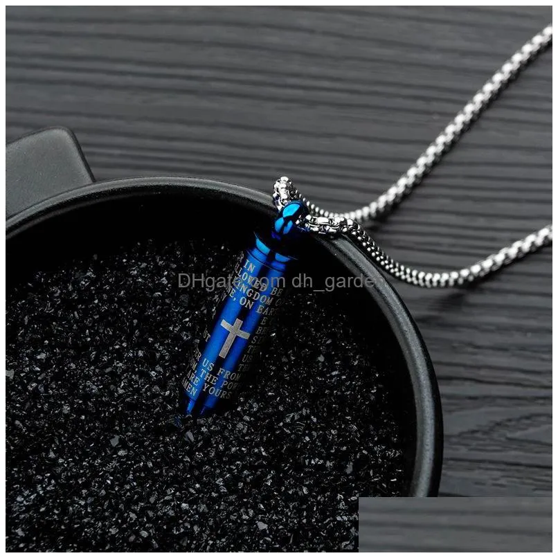 stainless steel bullet pendant necklace for men creative religion engraved cross lord bible prayer necklace personality unscrewed