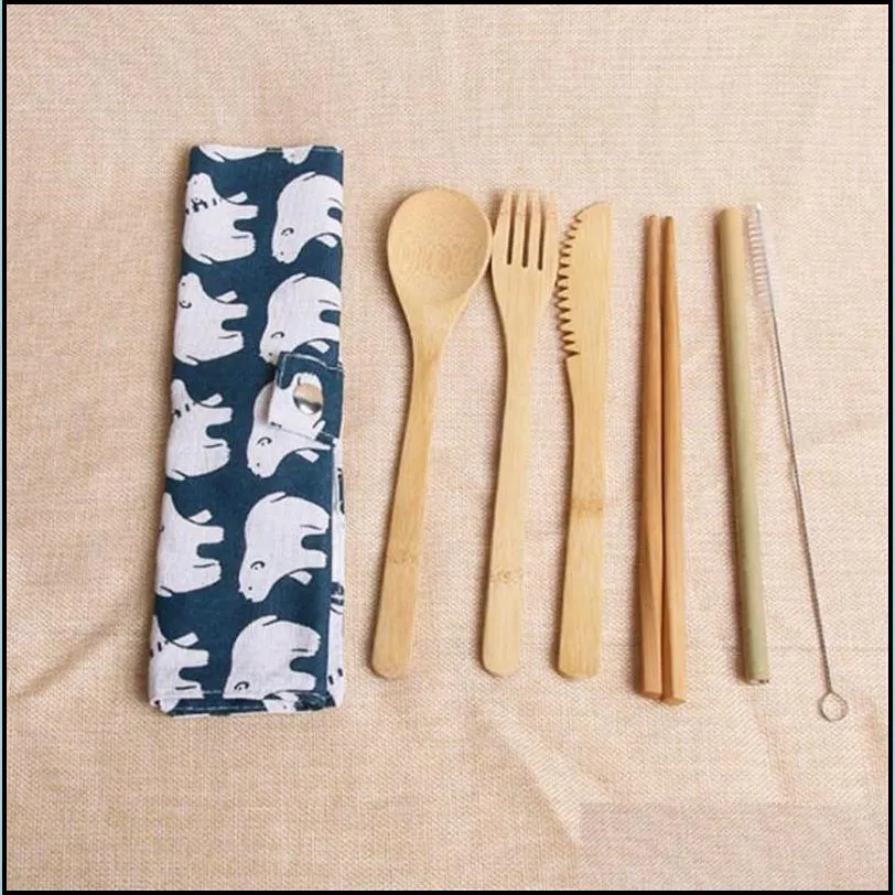 bamboo chopsticks fork spoon and straw dinnerware set bamboo flatware cutlery set with cloth bag knives fork spoon 7 pcs/set