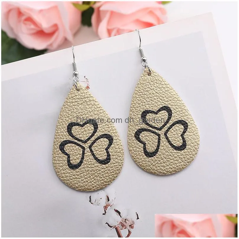 design print flower drop earrings faux leather dangle earring geometric statement dog claw waterdrop earring for women lady jewelry gift