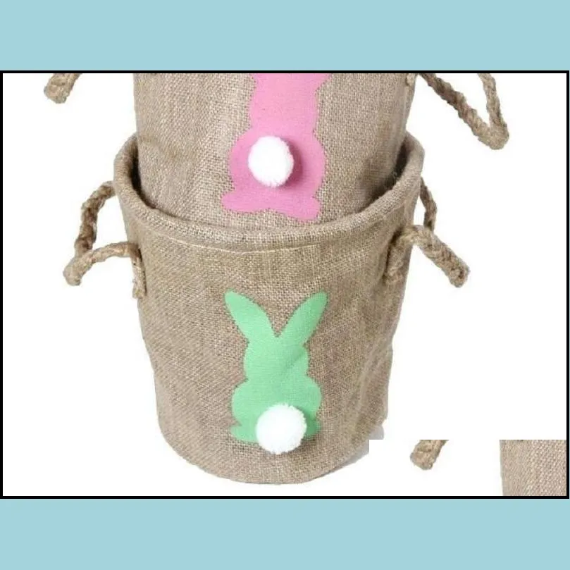 easter linen basket double handle bunny basket kids jute easter bucket pink green blue rabbit easter storage bag