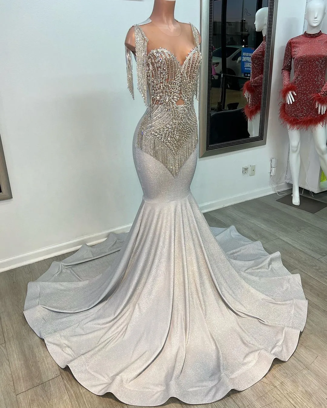 2023 Arabic Aso Ebi Silver Mermaid Prom Dress Beaded Crystals Evening Formal Party Second Reception Birthday Engagement Gowns Dresses Robe De Soiree ZJ2676