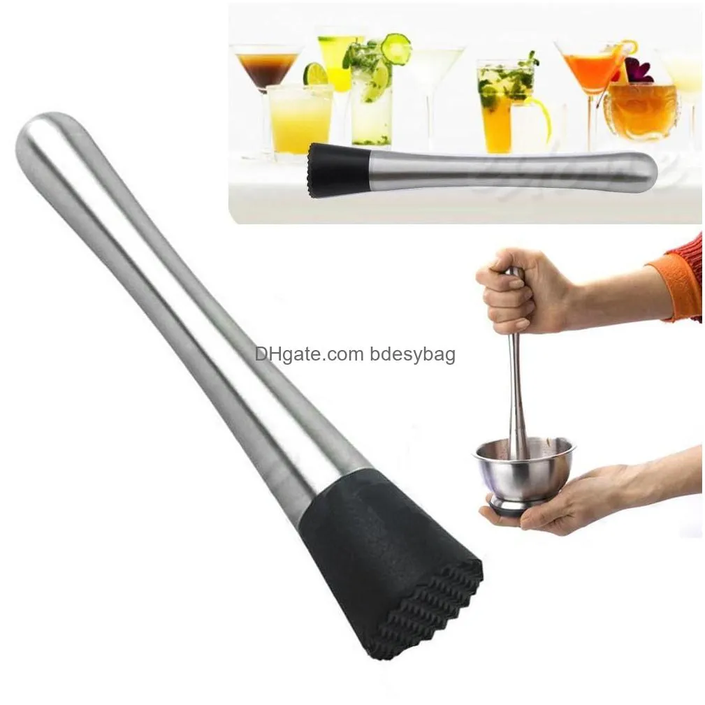 8 inch cocktail muddler stainless steel bar muddler with black grooved ice hammer fruit muddler wine tools rrb16197