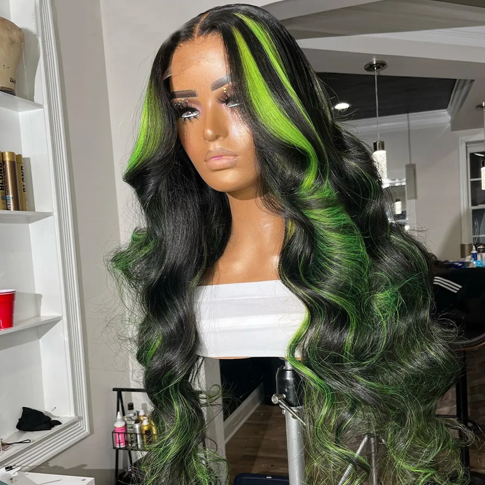 Brazilian Hair Transparent Lace Front Wig 180desntiy Body Wave Highlight Green Lace Frontal Wig Synthetic For Women