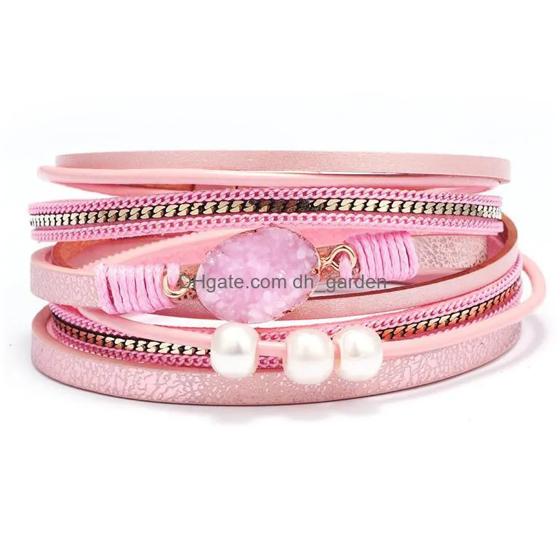 women multilayer leather wrap bracelet imitation pearl handmade wristband beads cuff bangle with magnetic buckle jewelry for ladiesz