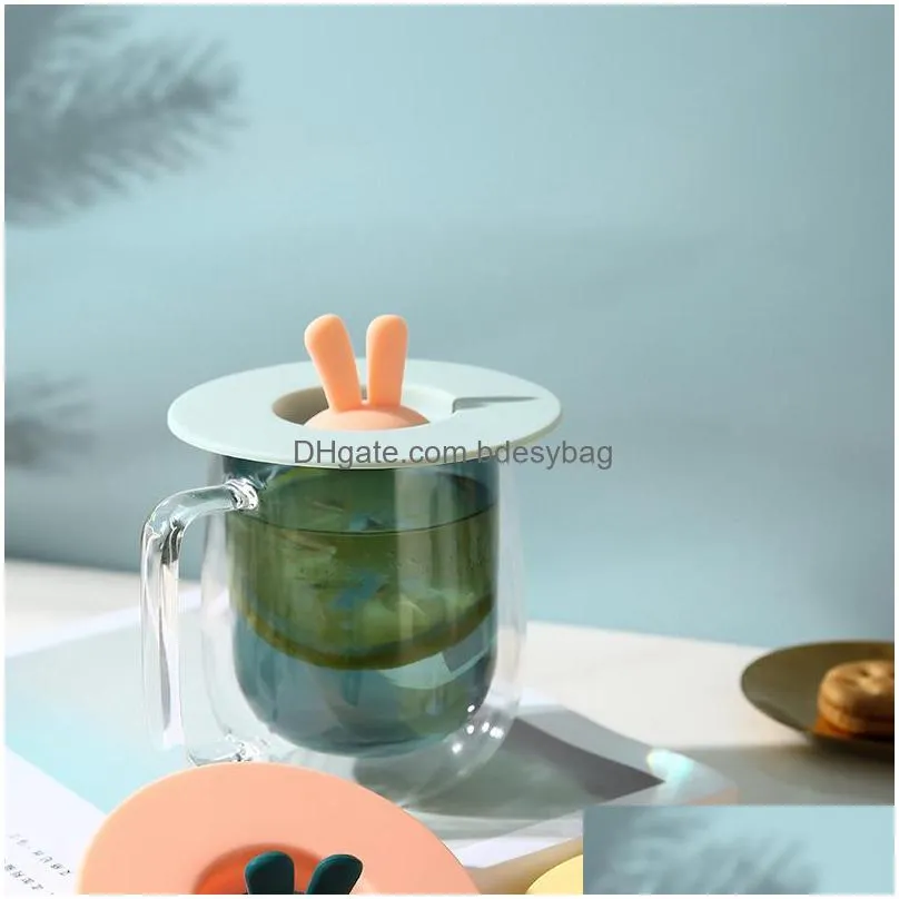 silicone cup lids 10cm cartoon rabbit ears overflow prevention anti dust round bowl lid reusable seal coffee mug caps cover rrd11586