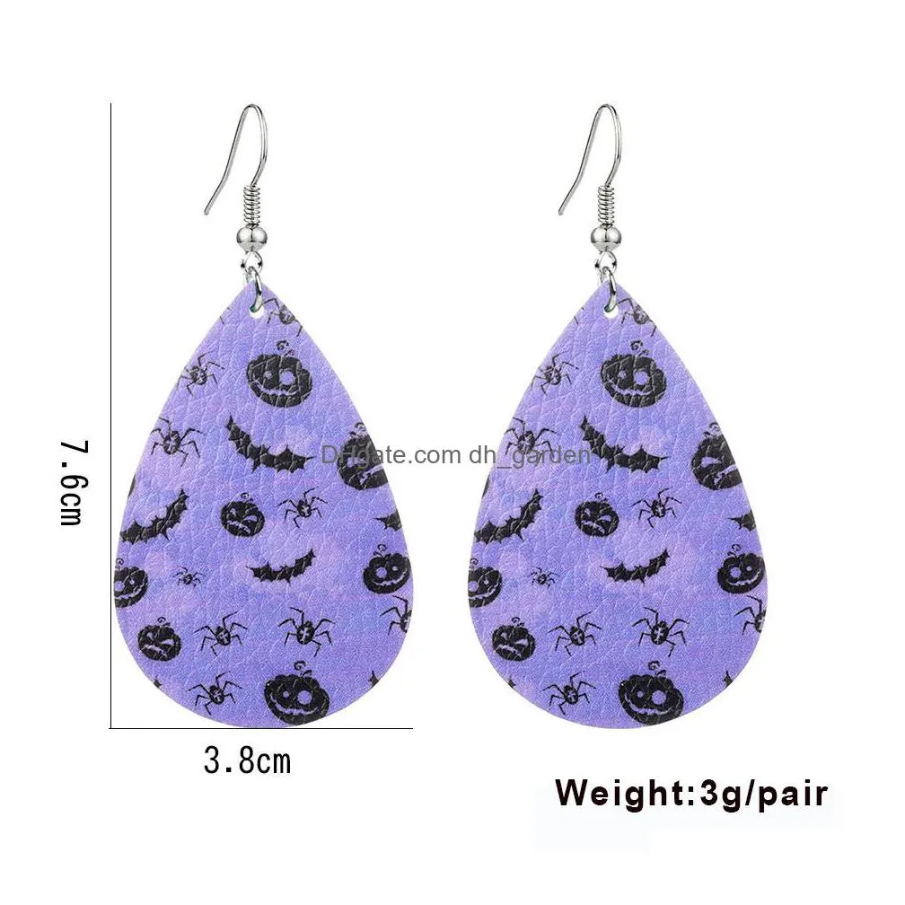 2020 new halloween leather earrings for women water drop pumpkin hat skull bat lantern doublesided printed fashion dangle earrings