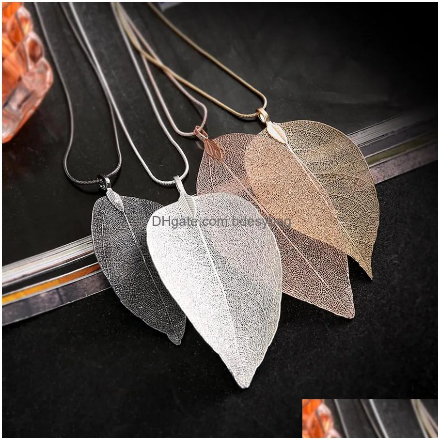 fashion leaf jewelry necklace rose gold color chain real leaf charm design pendant necklaces for women gift party favor rra2282