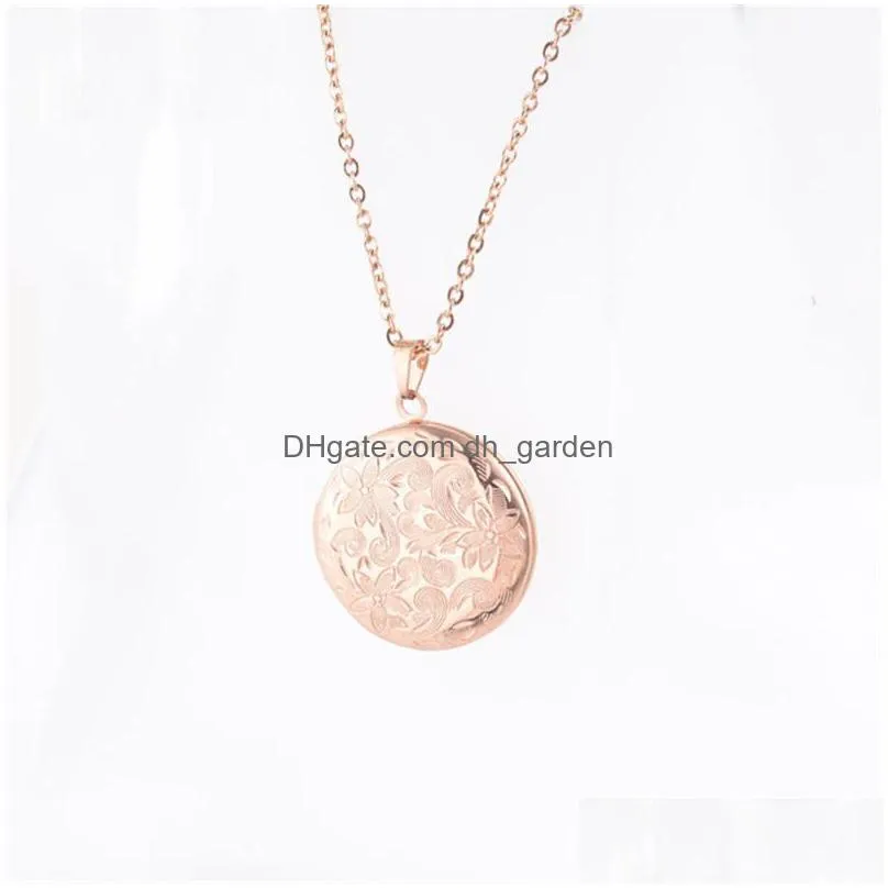 vintage engraved flowers round necklace 3 color stainless steel diy picture frame photo locket pendant necklace for women fashion