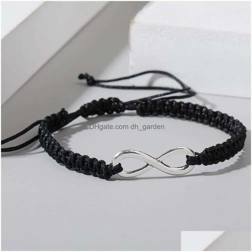 handmade fashion number 8 charms bracelet for women adjust silver plated infinity symbol bracelets black white braided rope gift