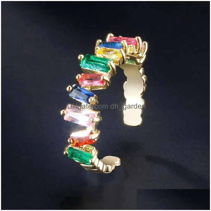 new design adjustable irregular square rainbow cubic zircon silver unique open cuff women finger rings for valentines day ringz