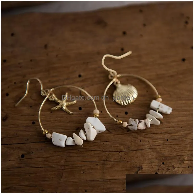 vintage shell starfish earring for women girls boho gold plated geometric round circle with stone beads earrings summer beach