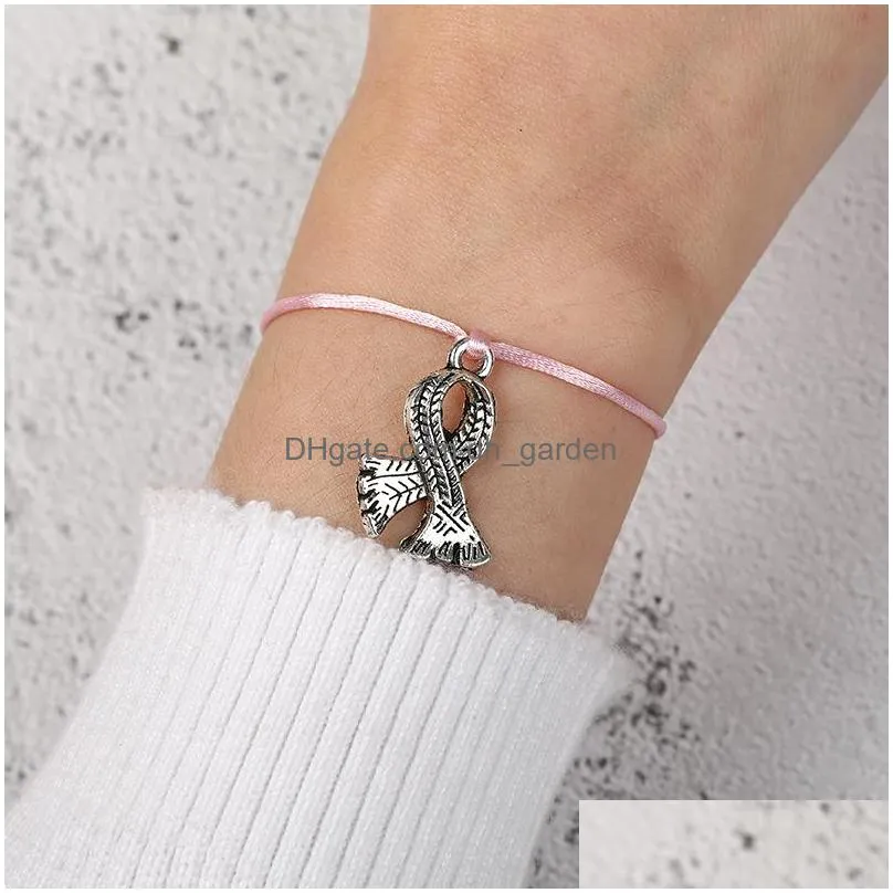 trendy pink ribbon breast cancer bracelet pendant bracelet make a wish card by hand friendship jewelry for womeny