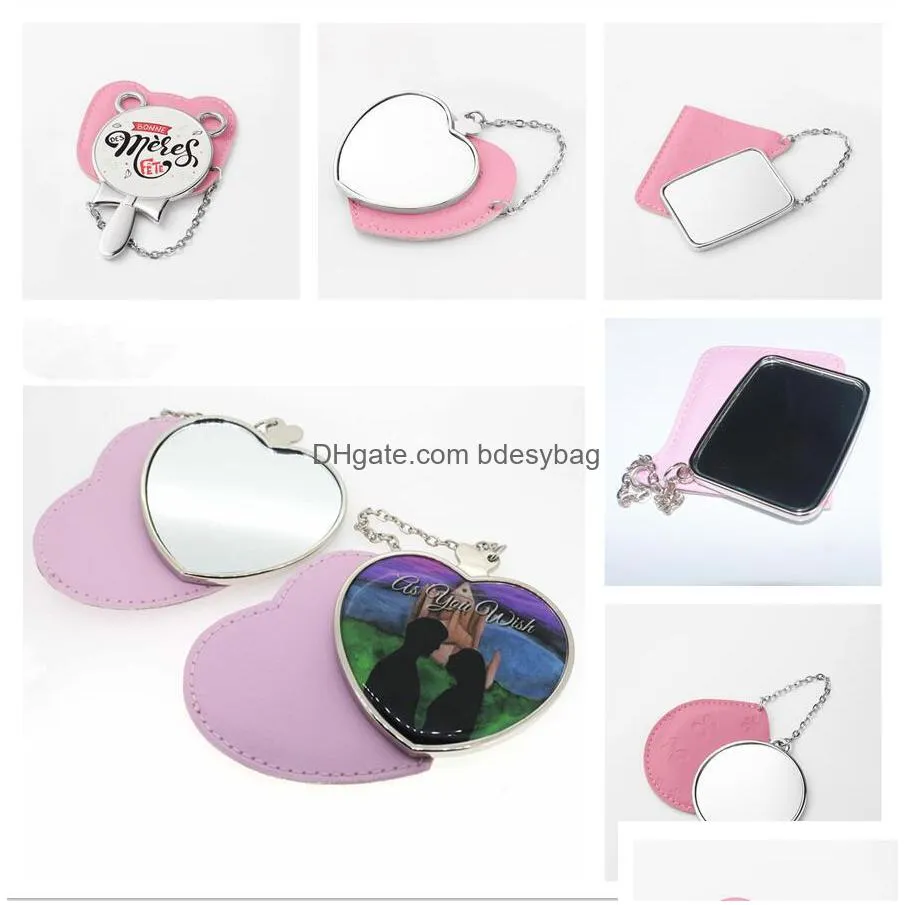 newsublimation blank cosmetics mirror with leather holder party favor portable thermal transfer mini square lover heart shape girl mak