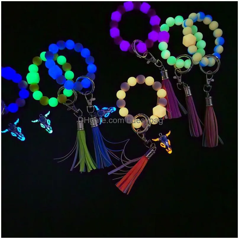 halloween luminous silicone bead keychain wristlet bracelet silicone glow in the dark beaded for women party rrc234