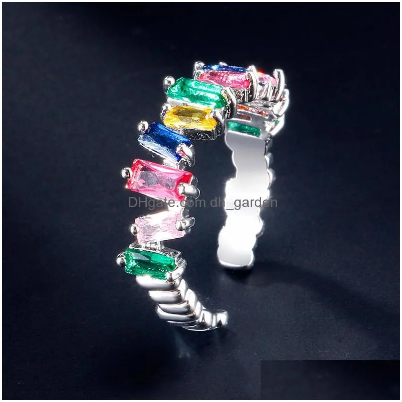 new design adjustable irregular square rainbow cubic zircon silver unique open cuff women finger rings for valentines day ringz