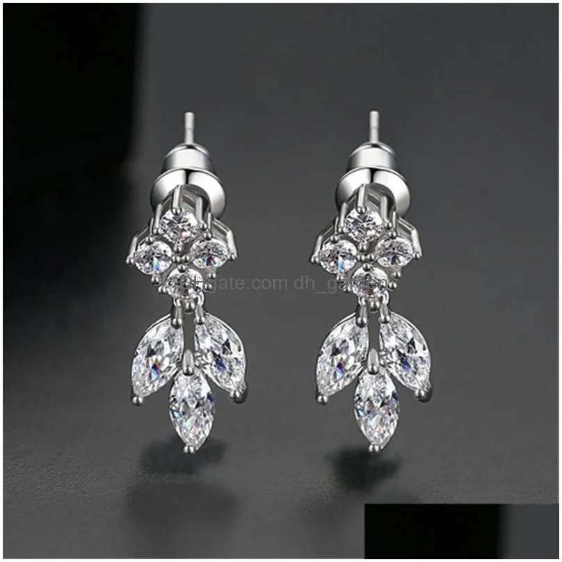 trendy designer flower leaf dangle earrings silver square cubic zirconia rhinestone chandelier earrings chandelier wedding brides