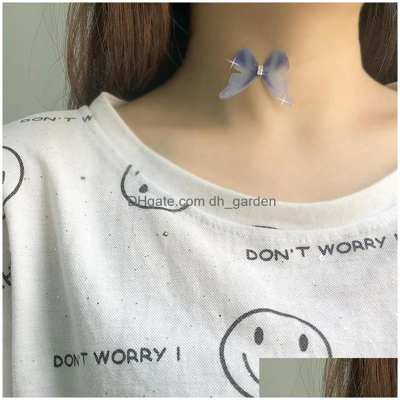 new fashion colorful 3d double tulle butterfly chokers necklace for women crystal invisible fish line silk necklaces silver chain gift